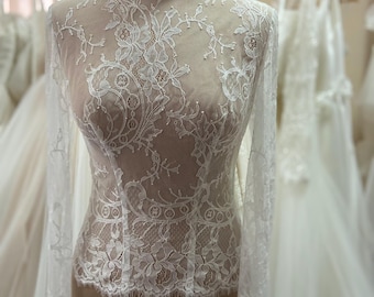 Chantilly Lace Bridal Top – Ivory Sheer High Neck Wedding Topper with Long Sleeves & Button-Up Back | Lace Overlay for Wedding Dress