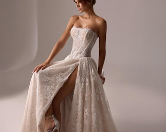 Elegant Lace Corset Wedding Dress with High Slit | Strapless Bridal Gown with Train | Romantic Boho Wedding Dress