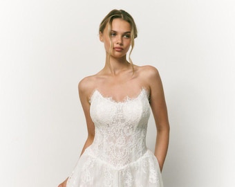 Vestido de novia corto de encaje Chantilly con mangas desmontables - Minivestido romántico - Vestido de novia de encaje - Vestido de boda para una escapada