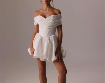 Short Off Shoulder Wedding Dress • Mini Bridal Dress • Bubble Skirt Reception Dress • Modern Simple Elopement Dress • White Bridal Outfit