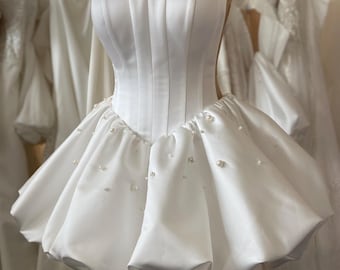 Short Satin Wedding Dress, Corset Mini Bridal Dress, Pearl Bubble Skirt, Modern Reception or Civil Wedding Dress