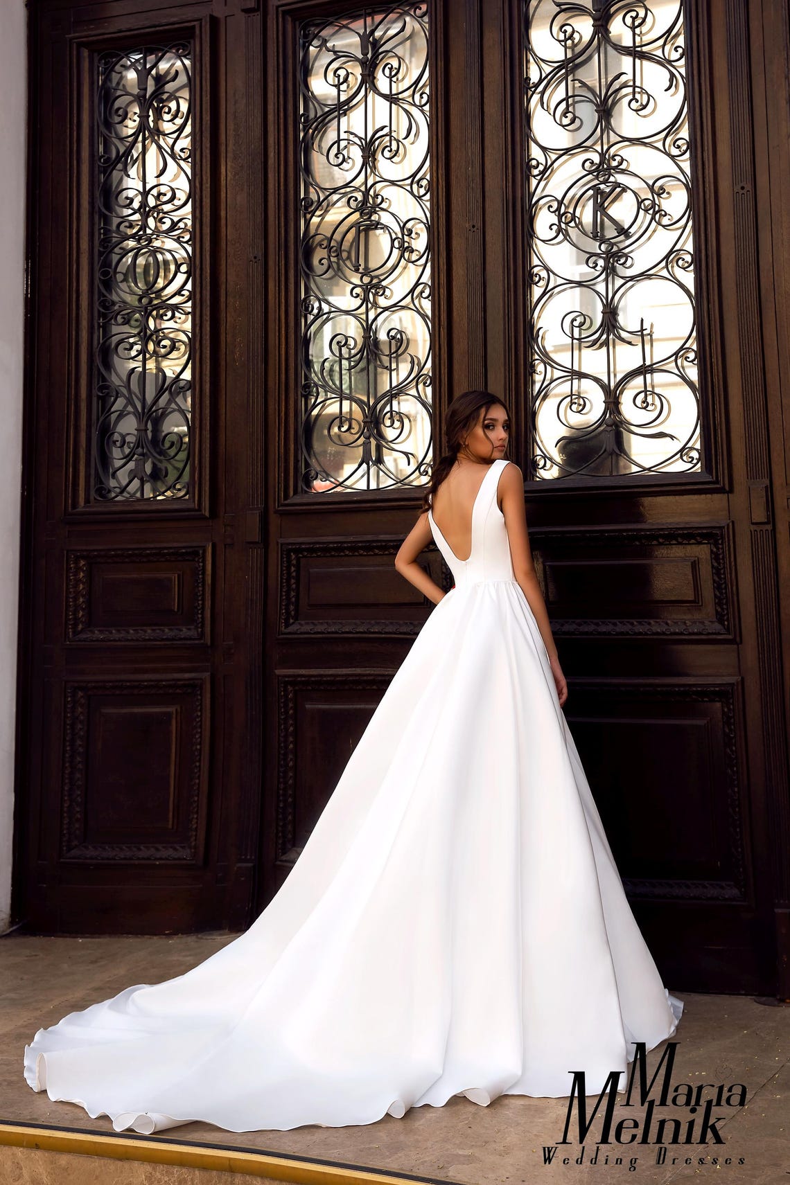 Short Sleeve Satin V Cut Neck Wedding Dress With Pockets main image 0