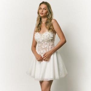 Short Glitter Wedding Dress with 3D Lace and pearls Corset | Sparkly Bridal Gown | Modern Elopement Dress
