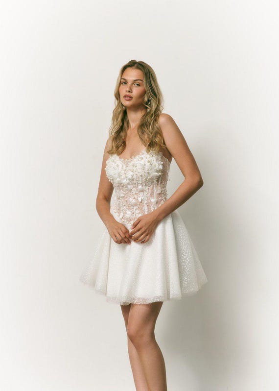 Short Glitter Wedding Dress with 3D Lace and pearls Corset | Sparkly Bridal Gown | Modern Elopement Dress