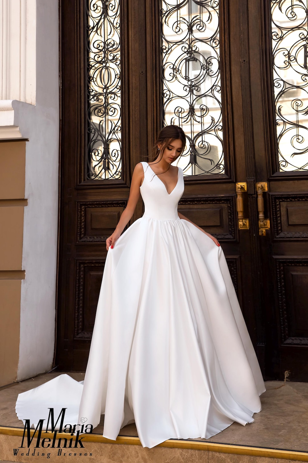 Simple Deep V-Neck Elastic Satin Backless Slit Wedding Dresses, FC1681