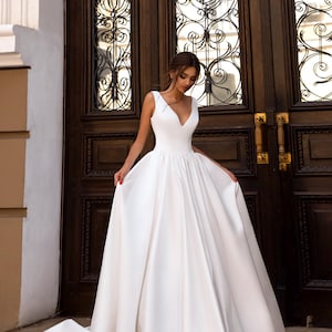 Satin Wedding Dress with Deep V-Neck, Pockets & Long Train