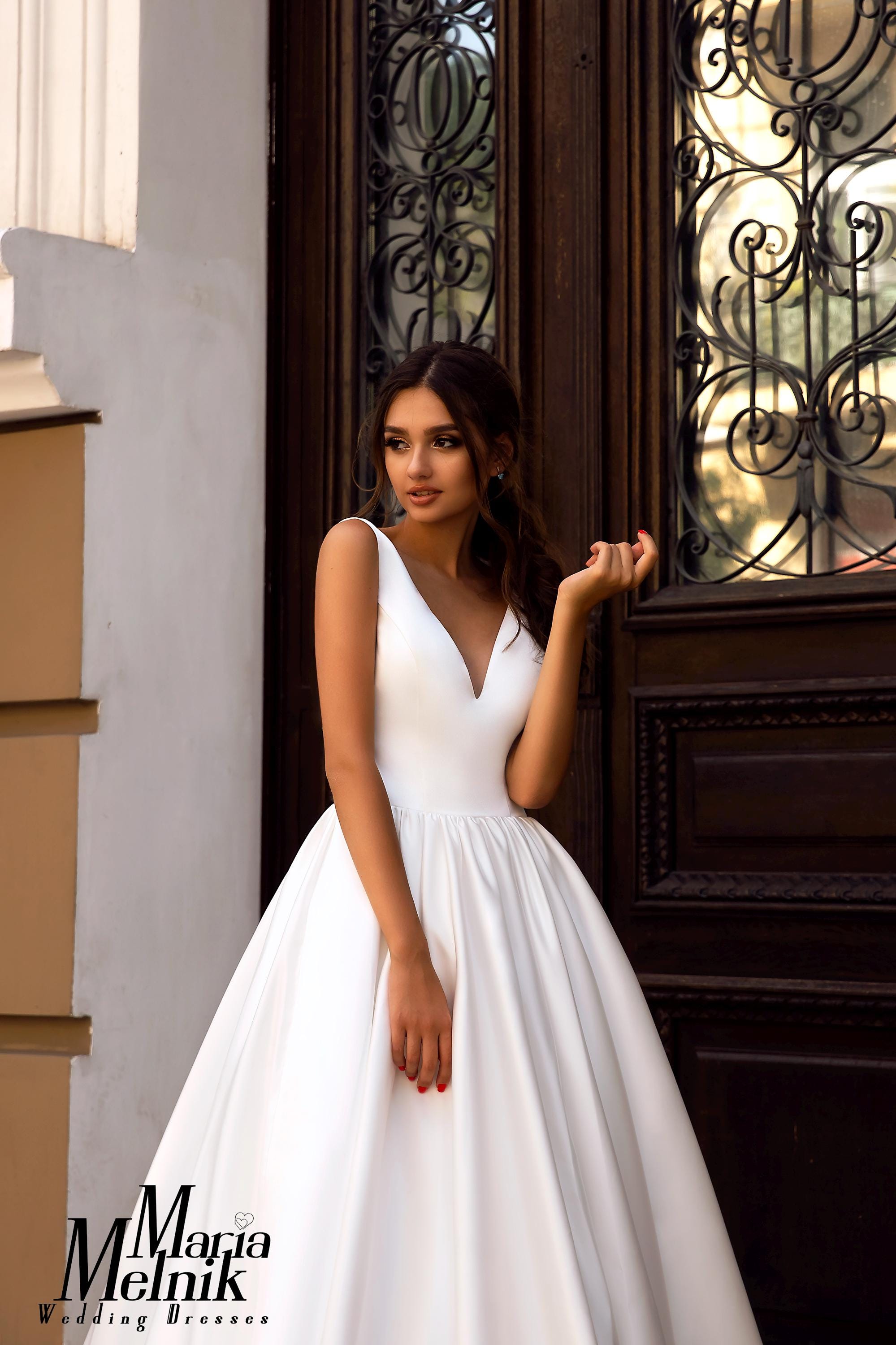 Deep V Neck Satin Lace Top Long Prom Dress Wedding Dress W707 main image 1