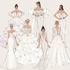 Puede incluir: Una colección de seis ilustraciones de moda de vestidos de novia. Los vestidos son todos blancos y presentan diferentes estilos, incluyendo un vestido de bola, un vestido de sirena y un vestido de vaina. Algunos vestidos tienen detalles de encaje, mientras que otros tienen volantes o lazos.
