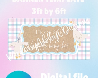 May include: A digital banner template with a pastel color scheme. The banner reads "Waddle Baby Be" and "He or She?" with a plaid background and illustrations of geese. The banner is 3ft by 6ft.