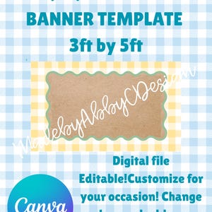 May include: A digital banner template with a gingham border. The banner is 3ft by 5ft. The design includes a brown, scalloped-edge rectangle with the text "MadebyAbbyCDesign". The Canva logo is visible, along with text indicating the file is editable.