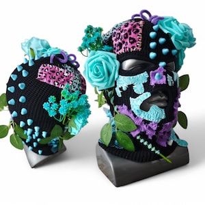 AANGEPASTE GEpatchte bivakmuts skimasker, 3-gaats punk skimasker, bloemen skimasker met bloemen, roos volgelaatsmasker, warme winter gebreide kleding, uniseks