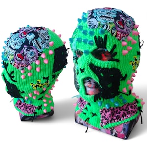 Custom Patched Sinner Ski Mask: Green Spiked Punk Knit Balaclava