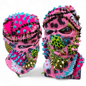 Custom Patched Balaclava Ski Mask: Pink Frankenstein, Punk Knitwear