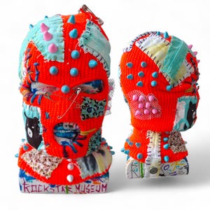 CUSTOM PATCHED - Balaclava Ski Mask, 3 Hole Punk Ski Mask, orange Spiked Skimask, Full Face Mask, Warm Winter Knitwear, Unisex