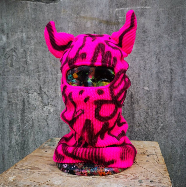 Custom Painted Ski Mask Balaclava With Horns Bright Pink Etsy