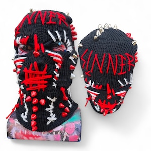 AANGEPAST GESCHILDERD - bivakmuts skimasker, punkskimasker met 3 gaten, skimasker met spikes, volgelaatsmasker, warme wintergebreide kleding, uniseks