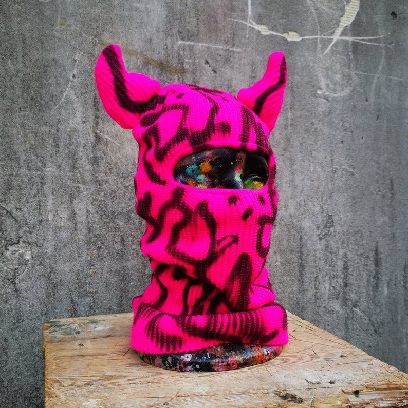 Custom Painted Ski Mask Balaclava With Horns Bright Pink Etsy