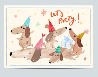 Postkarte zum Geburtstag Dackel, Geburtstagskarte,  Glückwunschkarte, Dackelmotiv