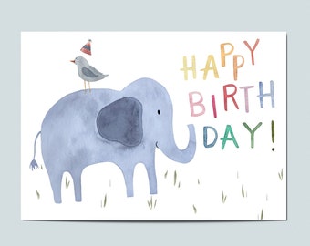 Postkarte "Happy Birthday", Elefant, Geburtstagskarte, Kindergeburtstag, Glückwunsch