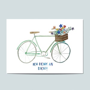 Postkarte Ich denk an dich, Fahrrad, Freundschaft, Karte für Freunde, Einfach-So Karte, Blumengruß, Geschenk. Bild 1