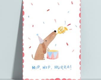 Postkarte zum Geburtstag Dackel, Geburtstagskarte, Kindergeburtstag, Glückwunschkarte, Dackelmotiv