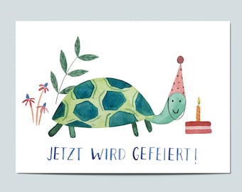 Postkaart "Jetzt wird gefeiert!", Geburtstagskarte, Glückwunschkarte, Kindergeburtstag, Schildkröte Postkarte, Grußkarte Schildkröte