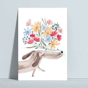 Postkarte Dackel mit Blumenstrauß, Grußkarte zum Geburtstag
