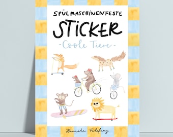 Spülmaschinenfeste Sticker – Coole Tiere– Geschenkidee Kinder – Wasserfeste Aufkleber - Handgemachte Papeterie