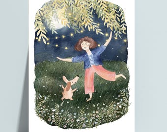 Postkarte Dancing in the moonlight, Illustration, Aquarell Kunst