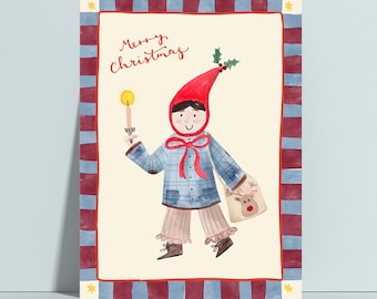 May include: A rectangular greeting card with a cream background and a red and blue striped border. The illustration features a figure in a red pointed hat, blue plaid jacket, and light pants, holding a yellow candle and a bag with a reindeer face.