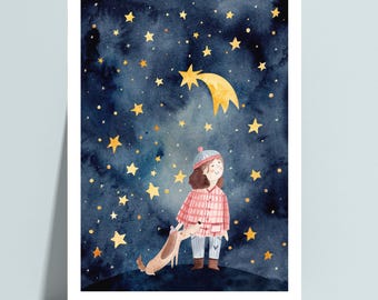 May include: A watercolor illustration print featuring a person in a red plaid jacket and a blue beanie standing with a small tan dog under a dark blue night sky filled with yellow stars and a prominent yellow shooting star above them.