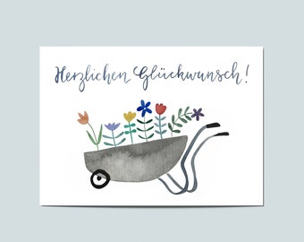 Postkarte Herzen Glückwunsch, Schubkarre, Gartenarbeit, Geburtstag, Glückwunsch, Garten, Blumen