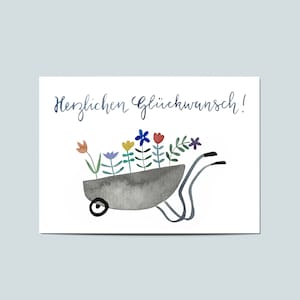 Postkarte Herzen Glückwunsch, Schubkarre, Gartenarbeit, Geburtstag, Glückwunsch, Garten, Blumen