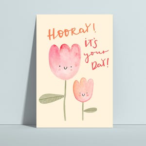 Cartão postal 'Hooray, é o seu dia' – Aquarell Blumen, Grußkarte Geburtstag, niedliche Karte zum Verschenken