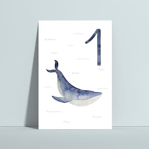 Zahlenpostkarte, 1. Geburtstag, Wal Postkarte, Geburtstagskarte, Zahlenposter, Postkarte Kinder