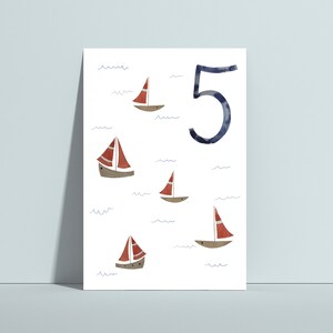 Zahlenpostkarte, 5. Geburtstag, Zahlenpostkarten, Zahlenposter, Geburtstagskarte, Postkarte Schiffe, Einschulung Geschenk