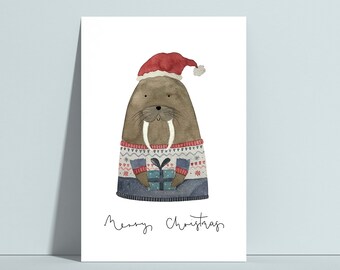 Postkaart "Weihnachtswalross", Weihnachtskarte, Postkaart Weihnachten, Weihnachtswünsche, Weihnachtsgruß, Frohe Weihnachten Karte