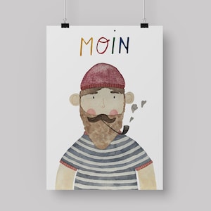 A4 Poster "Moin", Kapitän, Matrose, Nordsee, Kinderzimmer, Geschenk Kinder, Poster Kinder, Meer Poster