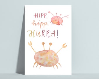 Postkarte "Hipp, hipp, Hurra!", Geburtstag, Krebse, Kindergeburtstag, Postkarte, Glückwunsch, Happy Birthday