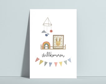 Postkarte Willkommen, Karte zur Geburt, Geburtskarte zum personalisieren