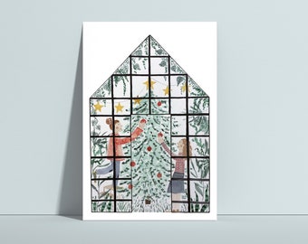 May include: Two people decorate a Christmas tree inside a greenhouse. The tree is green with red ornaments and gold stars. The greenhouse is made of glass panes with black frames.