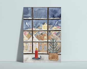 May include: A watercolor painting of a window view with a snowy cityscape at night. A lit candle and a small potted Christmas tree are on the windowsill.
