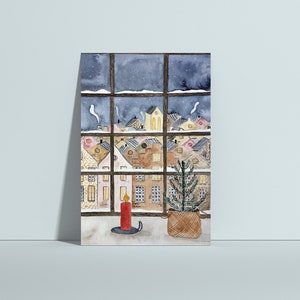 Weihnachtskarte Fenster, Karte Weihnachten, Postkarte Weihnachten, Weihnachtsgrüße, Weihnachtswünsche, Weihnachtslandschaft