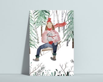 Weihnachtskarte Schlittenfahrt, Postkarte Weihnachten, Weihnachten, Weihnachtsgrüße, Weihnachtskarte Hund