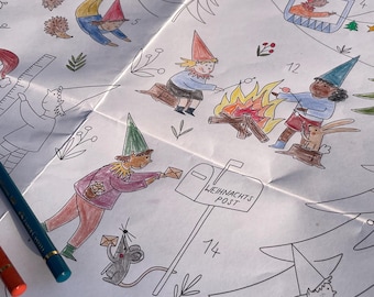 May include: A folded, illustrated advent calendar with a whimsical Christmas theme. The artwork features gnomes, a campfire, a mailbox labeled "Weihnachts Post," and the words "Frohe Weihnachten." Colored pencils in blue and orange are in the foreground.
