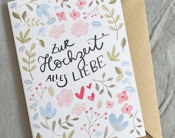 Hochzeitskarte mit Blumenmotiv – Grußkarte zur Hochzeit DIN A6, inkl. Kraftpapier Umschlag, romantische Karte zum Verschenken