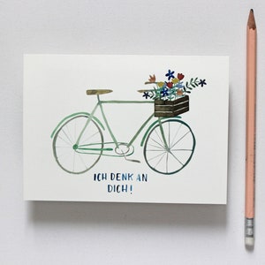 Postkarte Ich denk an dich, Fahrrad, Freundschaft, Karte für Freunde, Einfach-So Karte, Blumengruß, Geschenk. Bild 2