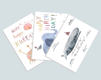 Postkarten-Set "Glückwunsch Tiere", Geburtstag, Tiere, Wal, Happy Birthday, Glückwunschkarte, Postkarte Geburtstag, Kindergeburtstag