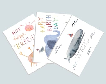Postkarten-Set « Glückwunsch Tiere », Geburtstag, Tiere, Wal, Joyeux anniversaire, Glückwunschkarte, Postkarte Geburtstag, Kindergeburtstag
