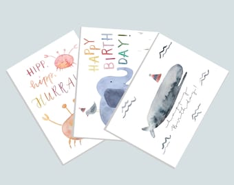 Postkarten-Set "Glückwunsch Tiere", Geburtstag, Tiere, Wal, Happy Birthday, Glückwunschkarte, Postkarte Geburtstag, Kindergeburtstag